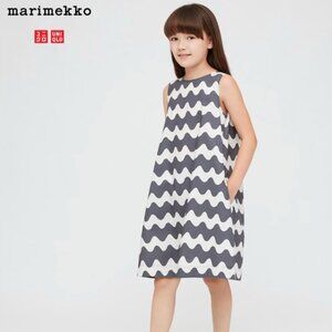 NWT Marimekko Kids x UNIQLO Dress Sleeveless Gray White Pockets Wavy Print
